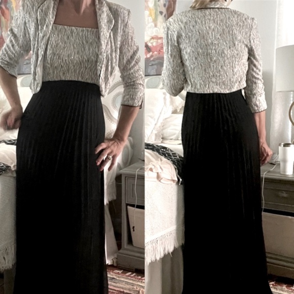 Pleated Chiffon Maxi Vintage formal gown with Crop shrug Jacket